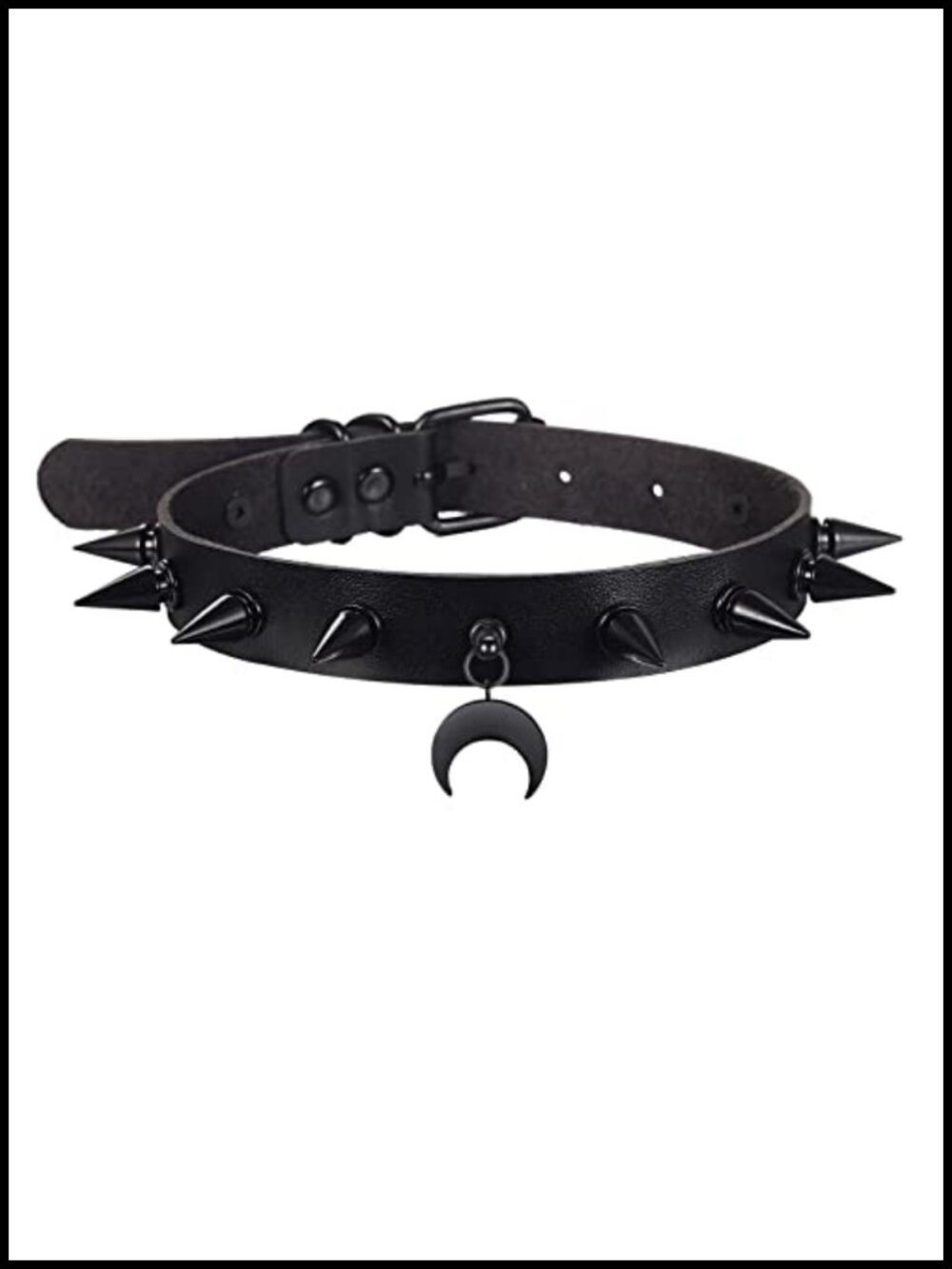 Goth Spiked Choker Faux Leather Moon Pendant Stainless Steel Necklace
